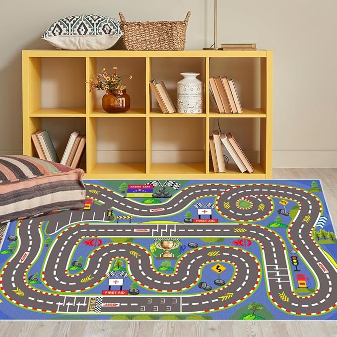 Kids Rug, Race Track Playmat Rugs 47×31 in Kids Carpet with Rubber Backing, Start and Finish line Racing Track Marking Car Road Race 3D Play Mat Nursery Rugs for Children Bedroom Playroom