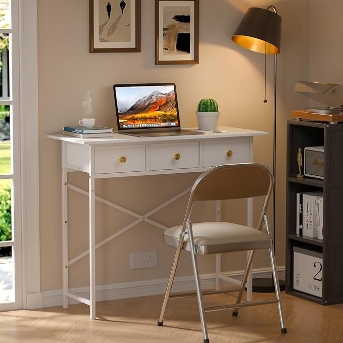 White Writing Desk with 3 Drawers for Bedroom, 37.2 Inch Small Computer Desk for Small Spaces, Simple Study Table for Kids Bedroom, Home Office, Dorm, Living Room, Vanity Make Up Desk, White