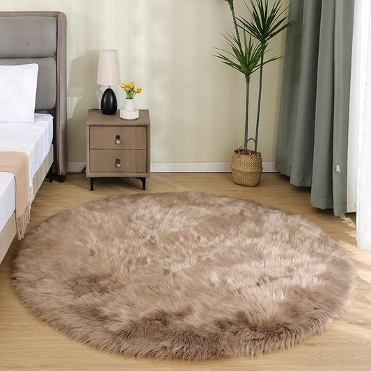 Latepis Light Brown Beige Round Area Rugs 5ft Faux Fur Fuzzy Rugs for Bedroom Washable Shag Rug for Living Room Floor Plush Rug Room Décor