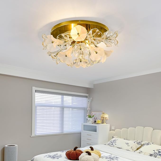 2-Light Modern Glass Flush Mount Ceiling Light Fixture Vintage Gold Chandelier Metal E12 Ceiling Lamp for Farmhouse Hallway Bedroom Kitchen Living Room Closet