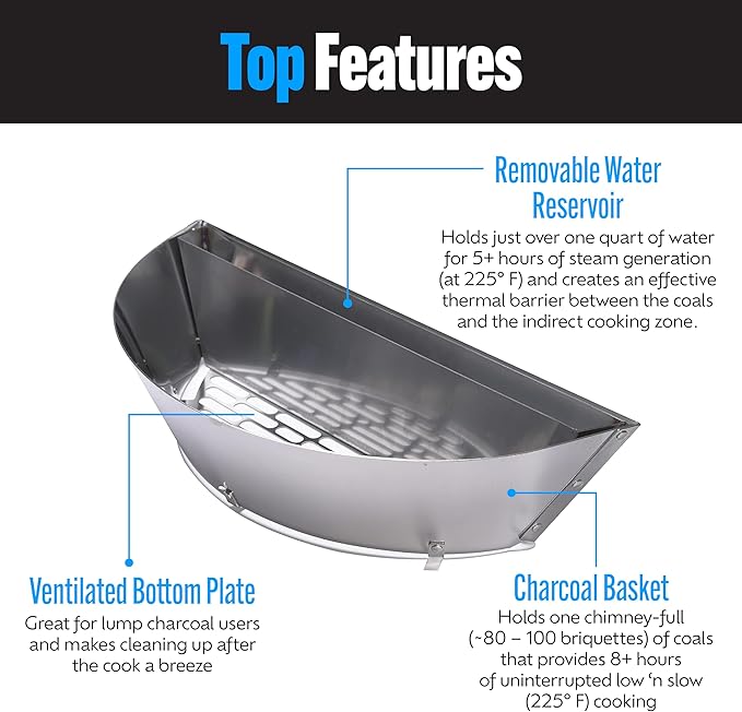 SnS Grills Patented Slow ‘N Sear® Deluxe Insert - Stainless Steel Charcoal Basket with Removeable Water Reservoir for Low ‘N Slow Smoking & Charcoal Grilling on Weber & Other Kettle Grills - 22 in