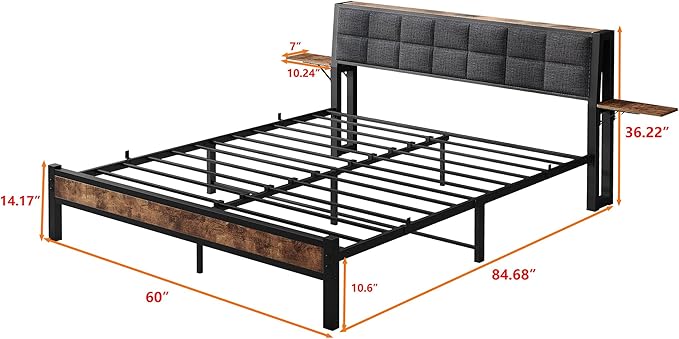 Queen Bed Frame with Headboard,Metal Platform Bed Frame Queen Size with Storage and USB Charging Station,Upholstered Bed Frames with Metal Slats/No Box Spring Needed/Under Bed Storage/Noise Free