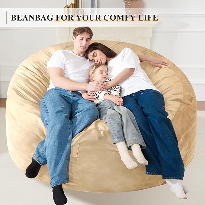 Homguava 6FT Bean Bag Chair Giant BeanBag with Memory Foam Filled, Large Bean Bag Chairs for Adults, Adult Bean Bag Chair with Dutch Velvet Cover for Living Room Bedroom-Khaki