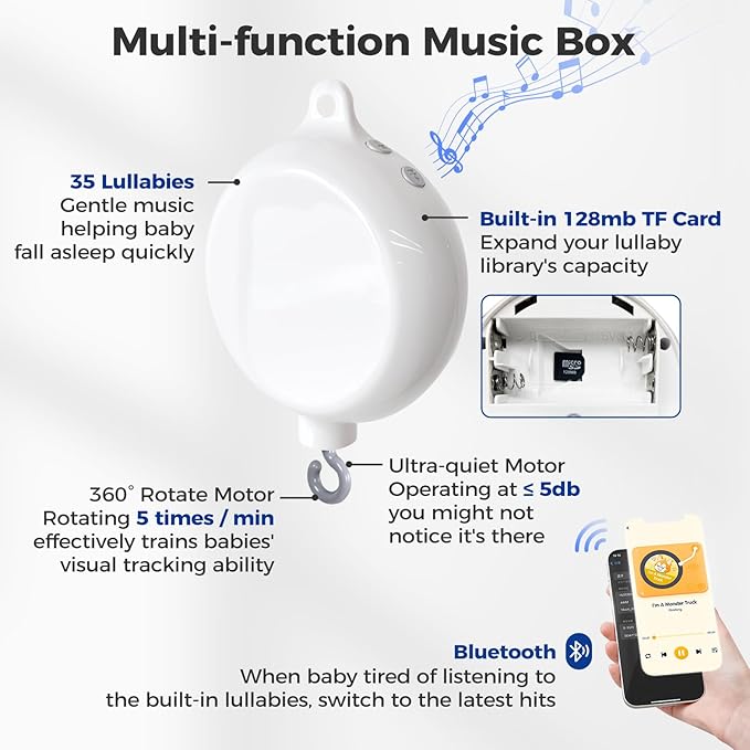 Evoceler Crib Mobile, Baby Mobile with 3 Modes Rotating Music Box, 35 Lullabies, Bluetooth, 128MB TF Card & Detachable Teether Bunnies, Quiet Rotating Motor, Sturdy 3-Point Installation, Nursery Decor