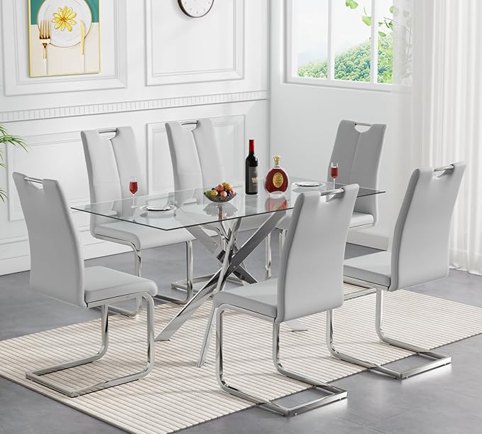 Modern Glass Dining Table Set for 6, Silver Glass Kitchen Table and Chairs Set of 6, 7 Piece Dining Room Table Set with 61" Rectangular Metal Glass Dinner Table and 6 Grey Leather Dining Chairs