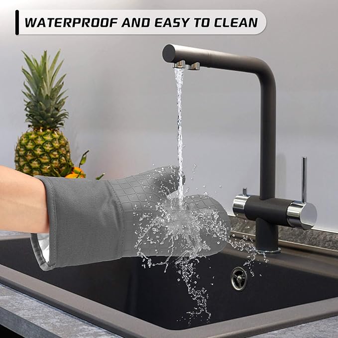 BPA-Free Soft Silicone 4 Piece Oven Mitts & Pot Holders Set - Ultra Heat Resistant Oven Mitts with Thick Cotton Liner - Long Slip Resistant Pot Holders, Flexible Oven Gloves - Gray