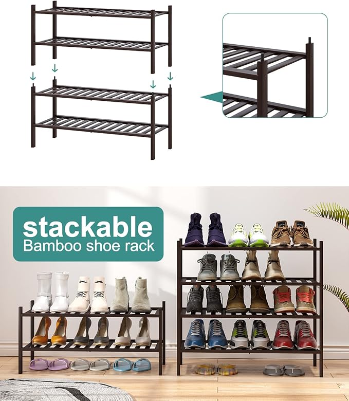2-Tier Shoe Rack for Entryway, Bamboo Shoe Rack for Closet, Free Standing Shoe Racks for Indoor Outdoor, Stackable Shoe Shelf Storage Organizer for Hallway Closet