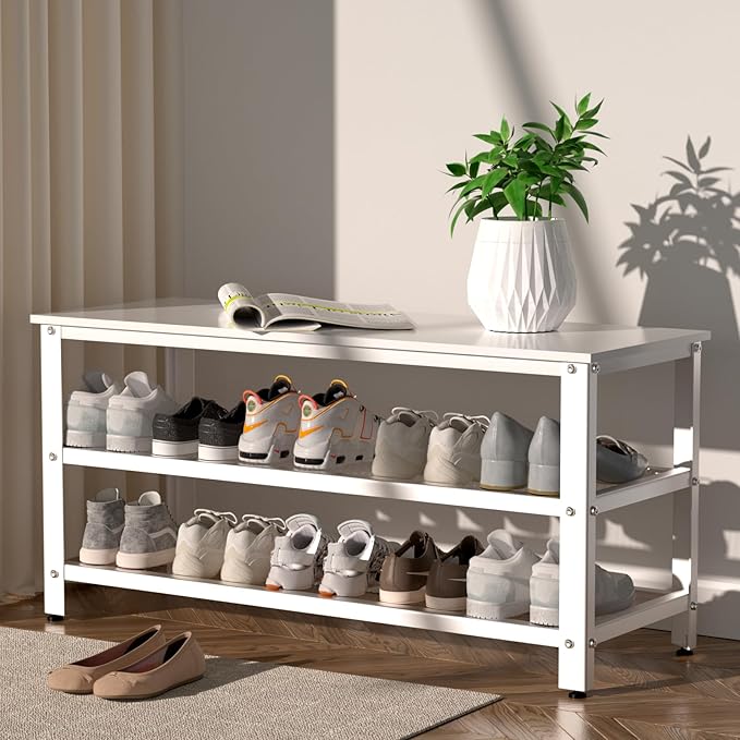 Apicizon White Shoe Rack, 35.5 Inches 3-Tier Shoe Rack for Entryway with Long Seat and Metal Shelves for Garage, Entryway Bench for Hallway Front Door, Mudroom, Doorway, Living Room, Bedroom