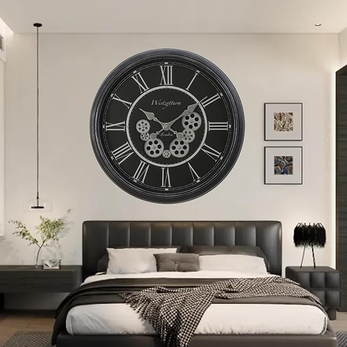 23 Inch Black Steampunk Wall Clock with Decorative Gears, Industrial Vintage Analog Clock for Living Room, Farmhouse, Office Decor, Silent Non-Ticking Battery Operated