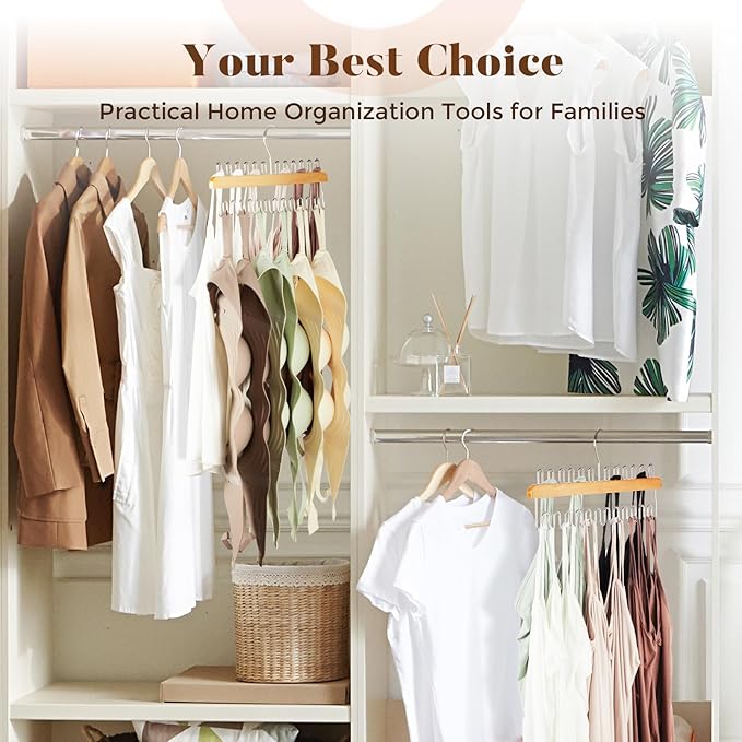 HOUSE DAY Closet Organizers and Storage, Tank Top Hangers, Rotatable Bra Organzier for Closet, Max 48 Storage Capacity Sport Bra Holder, Wood Space Saving Hanger 2 Pack - Dorm Room Essentials