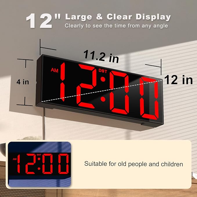 JALL 12'' Large Digital Wall Clock, Big LED Number Dispaly, RGB Colors, DST, Night Light for Classroom Living Room Bedroom Mounted Birthday Xmas Gift for Senior, Mem Womem (Red Font, 12 inches)