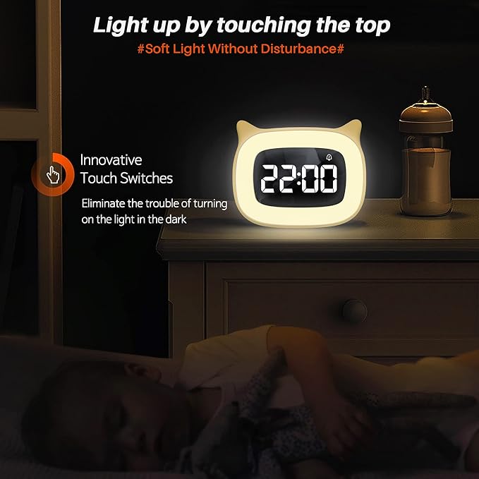 Kids Alarm Clock with Night Light & 18 Ringtones,Rechargeable,Cute Cat Ear Clock for Boys Girls Birthday Presents,Digital Clock for Children's Bedroom(Yellow)