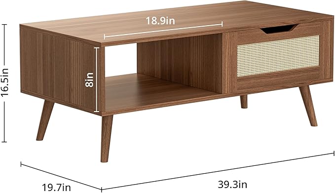 Brown Rattan Coffee Table, Mid Century Modern with Drawer & Shelf, 39'' Wooden Boho Coffee Table for Living Room