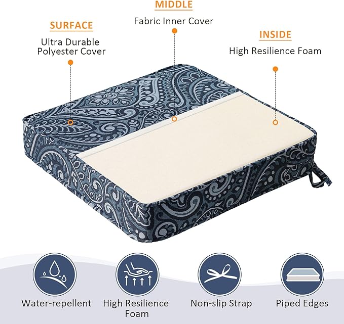 Square Corner Seat Cushions, 19" x 19" x 3", Set of 4, Indoor Outdoor Water Repellent Universal Chair Pads with Ties for Patio Furniture, Garden Deck Dining Chairs, Damask Blue Flower