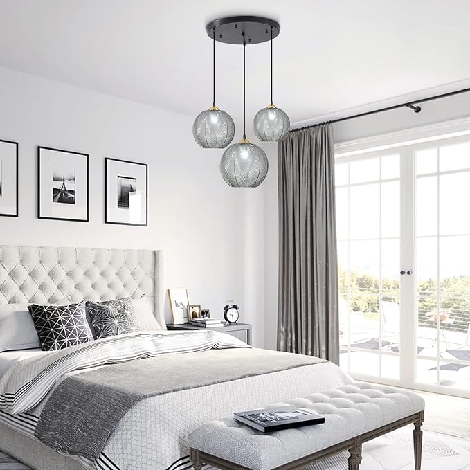 KCO Lighting 3-Lights Smoke Gray Glass Pendant Light Black Globe Round Cluster Chandelier Mid-Century Modern Multi Light Pendant Lighting Nordic Kitchen Island Light Fixture