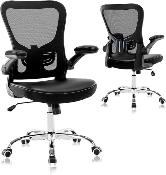 Office Chair, Mesh Ergonomic Desk Computer Chair with PU Leather Flip-up Armrest, Home Task Chair with Lumbar Support, Adjustable Executive Mid Back, Rolling Swivel,Black