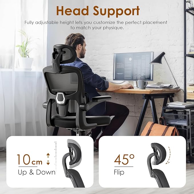 Soohow Ergonomic Office Chair, High Back Desk Chair with Flip-Up Armrest and Adjustable Lumbar Support, Computer Chair for Home and Office
