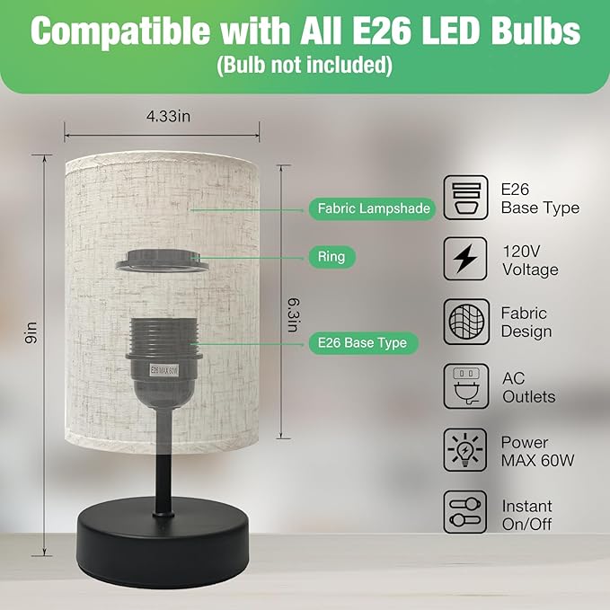 Small Table Lamp, Minimalist with Flaxen Shade, 9 Inch Design for Bedroom & Dorm Room, 2 Pack