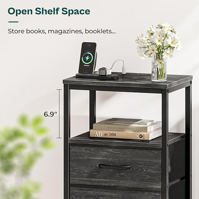 Huuger Nightstand with Charging Station, Fabric Drawers, End Table with Open Shelf, Bedside Table with USB Ports and Outlets, Night Stand for Bedroom, Charcoal Black Wood Grain Print