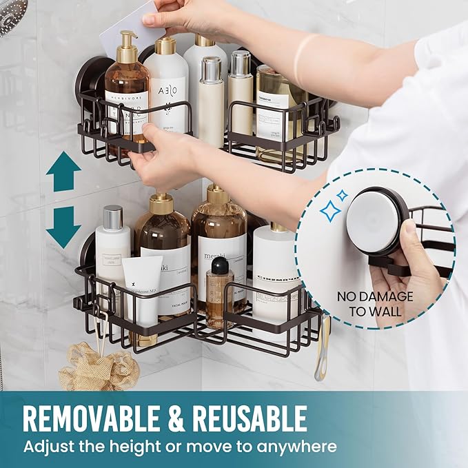TAILI 2 Pack Powerful Suction Cup Shower Caddy Corner-adaptive, Stainless Steel Rustproof Shower Shelves with Hook, Drill-Free Wall Suction Baskets, Large Capacity Removable Bathroom Organizer, Brown