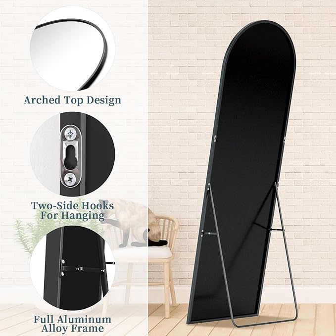 Full Length Mirror with Stand, 58"x18" Arched Full Body Mirror, Large Stand Up Aluminum Frame Floor Freestanding Hanging Leaning Mounted for Bedroom Living Room Entryway Black