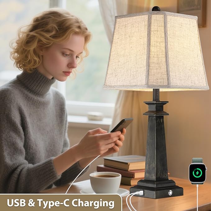 27.5" Table Lamp for Bedroom, 3-Way Dimmable Touch Lamp for Nightstand, Farmhouse Table Lamp for Living Room with USB A+C Charging Ports, Bulb Included (Black)
