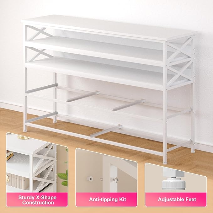 White Dresser TV Stand for 50" TV, Sturdy Dresser for Bedroom with 5 Fabric Drawers and Wood Open Shelves, Chest of Drawers Storage Dressers for Entryway, Closet, 11.8" D x 39.4" W x 38.4" H