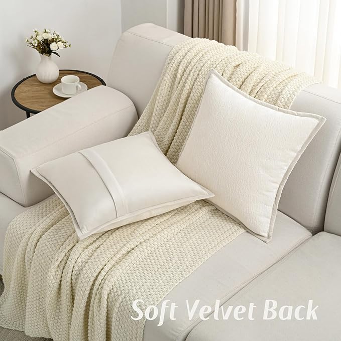 FUTEI Cream White Chenille Throw Pillow Covers 18x18 Inch Set of 2,Soft Cozy Bound Edge Design Cushion Case,Home Decor for Couch Bed Living Room