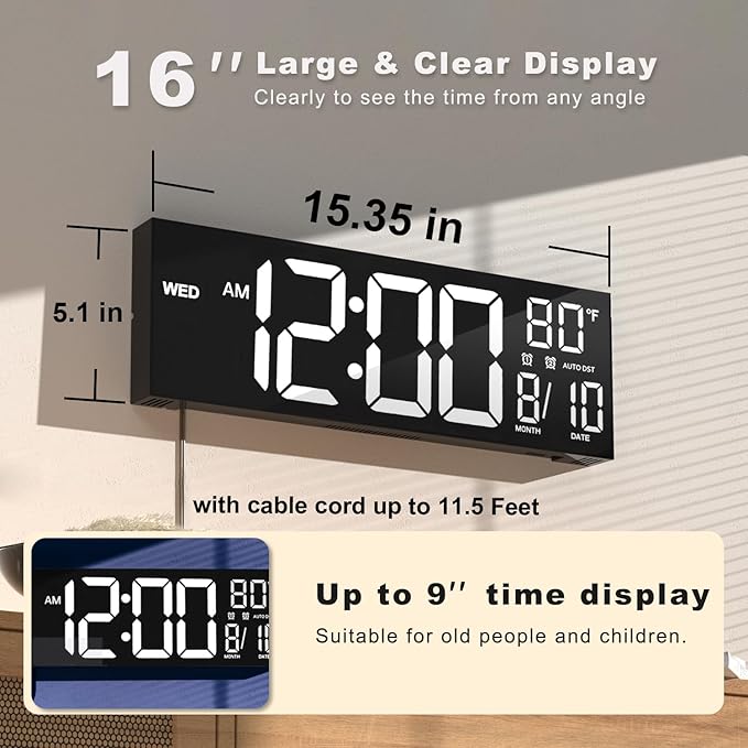 JALL 16" Large Digital Wall Mount Clock, Count Down Timer, Alarm, Big LED, DST, Temperature for Living Room Classroom Desk, Xmas, Birthday Gift for Senior Men Women Mom Dad, White