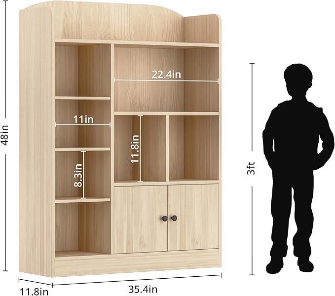 Oak Kids Bookshelf, Kids Bookcase with 7 Cubbies and 2 Cabinets, Freestanding Book Storage Shelves for Bedroom, Playroom, Hallway