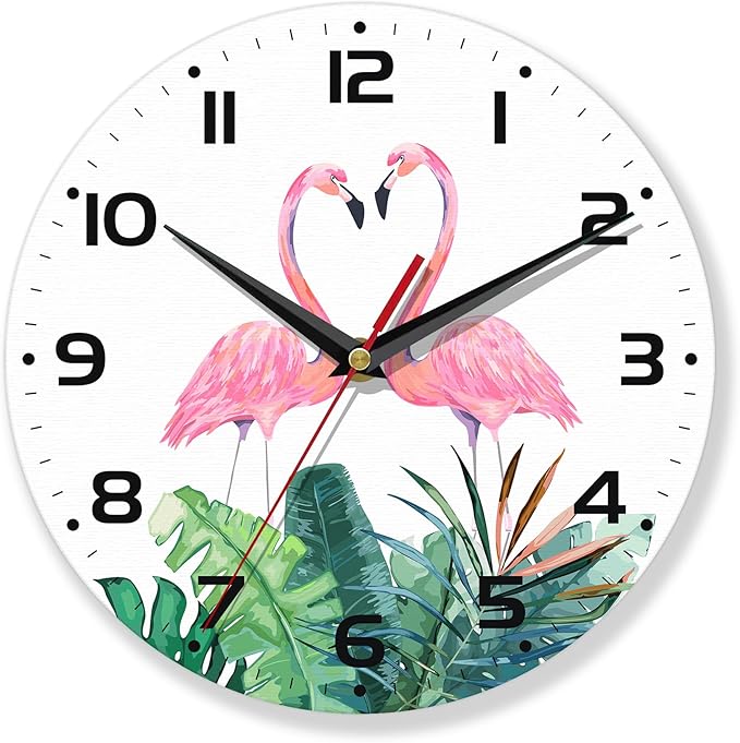 Flamingos Wall Clock Couple Flamingo Pink Clocks for Living Room Wall Clocks Battery Operated Silent Non-Ticking Decorative for Home Kitchen Bathroom Living Room Bedroom Office 10 Inch