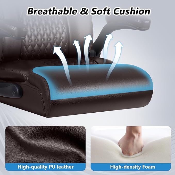 Ergonomic Leather Office Chair Desk Computer Chair, Comfortable High Back Office Chair with Adjustable Flip-up Armrest, Brown Executive Leather Office Desk Chair with Lumbar Support