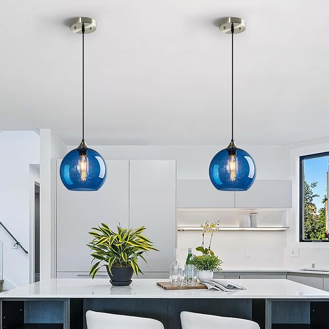 Blue Glass Pendant Lights Kitchen Island Lighting Globe Pendant Light Fixtures Modern Pendant Lighting for Kitchen Island Bedroom Living Dining Room Light Fixture(7.87in, 3-Pack)
