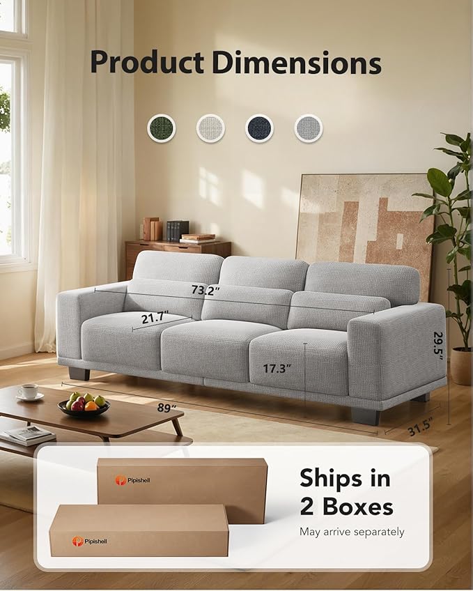 Pipishell 89" 3 Seater Sofa Couch with Deep Seats & Wide Armrests, Supportive Futon with Thickened Cushion, Comfy Cotton-Linen Couches for Living Room,Removable & Washable Covers,Grey