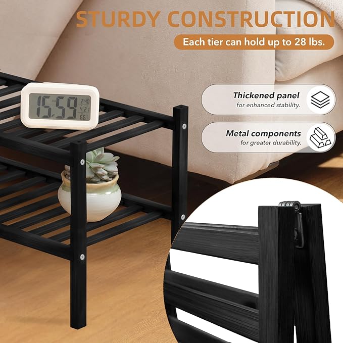 2 Tier Bamboo Shoe Rack Storage Organizer for Closet, Multifunctional Stackable Free Standing Shoe Shelf Organizer for Small Space,Entryway,Hallway,Bathroom 27"x11"x13" (Black, 2 Tier)