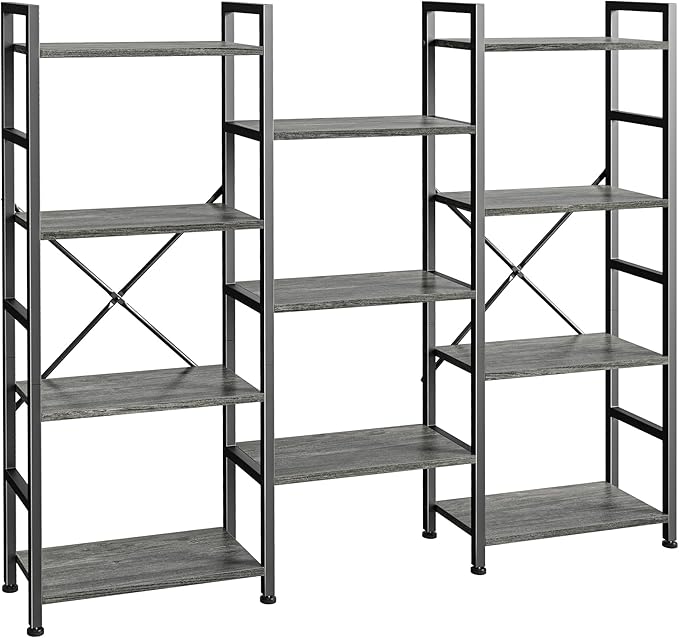 SUPERJARE Triple 4 Tier Bookshelf, Bookcase with 11 Open Display Shelves, Wide Book Shelf Book Case for Home & Office, Grey