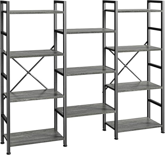 SUPERJARE Triple 4 Tier Bookshelf, Bookcase with 11 Open Display Shelves, Wide Book Shelf Book Case for Home & Office, Grey
