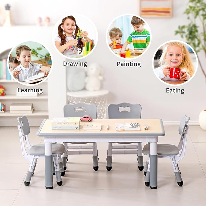 UNICOO Kids Table and Chairs Set, Height Adjustable Multi-Activity Preschool Table with Graffiti Desktop for Ages 2-8 - Versatile Kids Tables for Play, Learning, and Creativity(Maple Top/Gray Border)