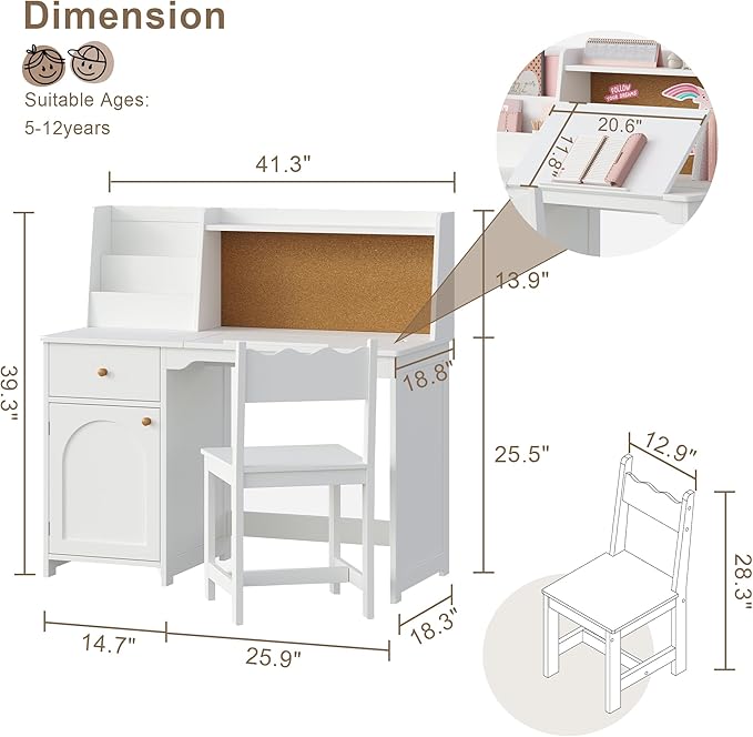 Treocho Kids Study Desk and Chair Set, Kids Desks with Hutch and Tiltable Desktop for 5-12 Years Old, Wooden Children Study Table with Fabric Drawers, Student Writing Desk Bedroom, Home School，White