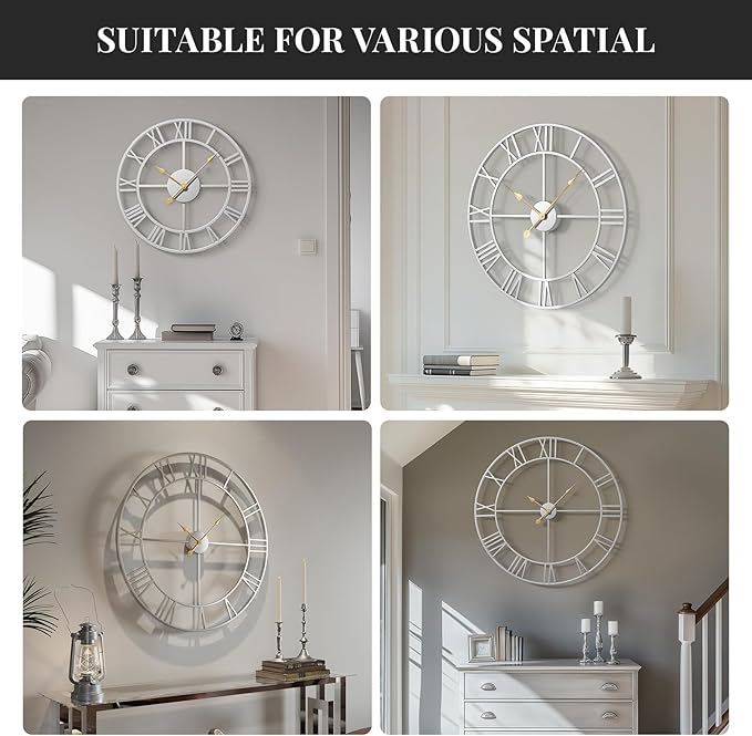 Large Wall Clock 20 Inch Silver Decorative Clock, Modern Metal Round Wall Clock Roman Numerals Battery-Operated Wall Clocks for Living Room Bedroom, Kitchen, Office