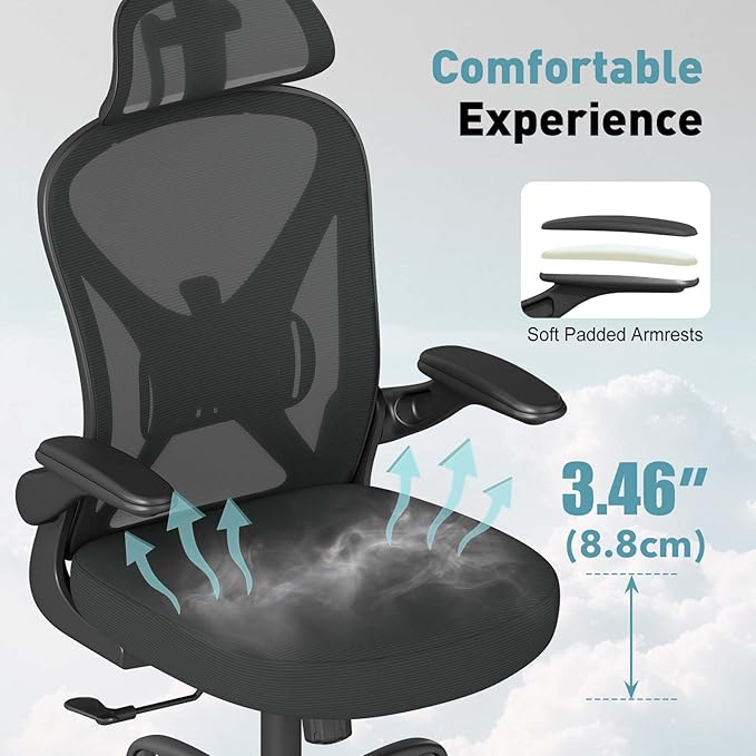 ZZH Ergonomic Office Chair with Adjustable Lumbar Support and Headrest, Mesh Home Office Desk Chair with Wheels and Flip-up Arms, Black