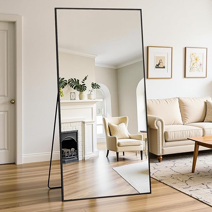 Full Length Mirror, 76"x34" Oversized Floor Mirror Freestanding, Full Body Mirror Floor Standing Mirrors with Stand, Hanging Mounted Mirrors for Bedroom Living Room, Black, Rect Style