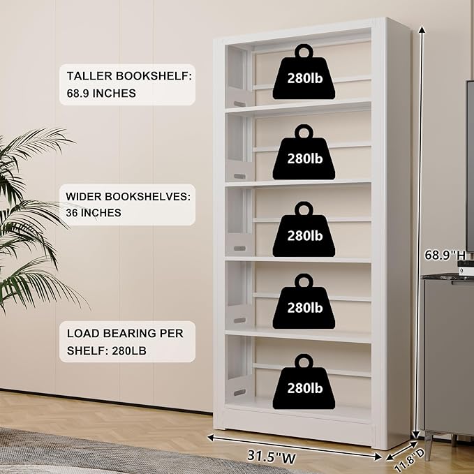 Book Shelf,5-Tier White Bookshelf, Office Bookcases and Bookshelves,Tall Metal Storage Organizer,Freestanding Bookshelf for Library,Living Room,Home Office (W:31.5")