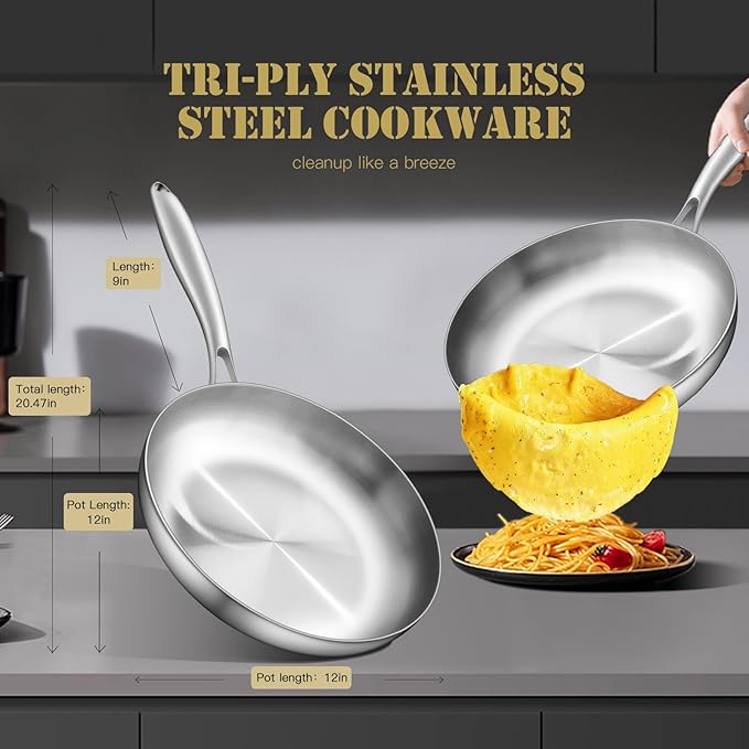 12 Inch Tri-Ply Stainless Steel Frying Pan, Skillet, pan, Induction Cooking Pan, Dishwasher and Oven Safe, Fast & Even Heat, Heavy Duty and Detachable Handle，Fried steak&fried eggs
