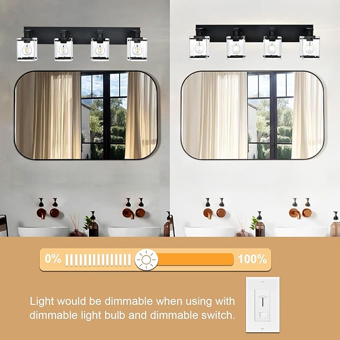 4-Light Bathroom Vanity Light Fixture, Modern Black Wall Lighting Over Mirror with Rectangular Clear Glass, E26 Bulb Base