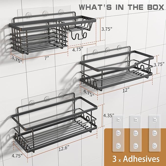 Shower Caddy, 3 Pack Large Capacity Bathroom Organizers and Storage, No Drilling Adhesive Rustproof Shelves with Soap Holder, Home Decor, Black