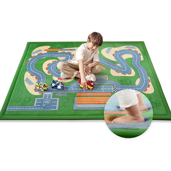 1.3" Thick Educational Baby Floor Play Mat 39x59, Basic Padded Memory Foam Kids Mat, Non-Slip Plush Playmat for Nursery Playroom Classroom (Race Track)