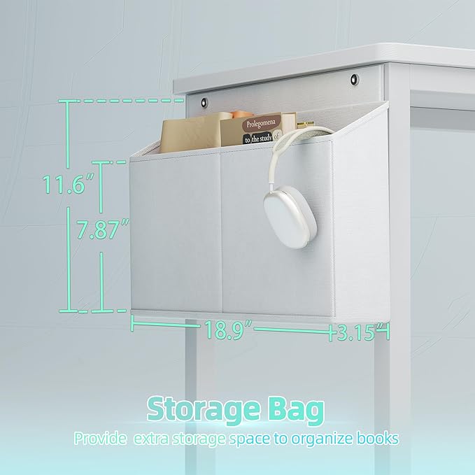 TIQLAB Gaming Desk 55 inch with Power Outlet and LED Light, Computer Desk with Reversible Shelves and Storage Drawer, Small PC Desk for Home Office Table with Bag, Carbon Fiber White