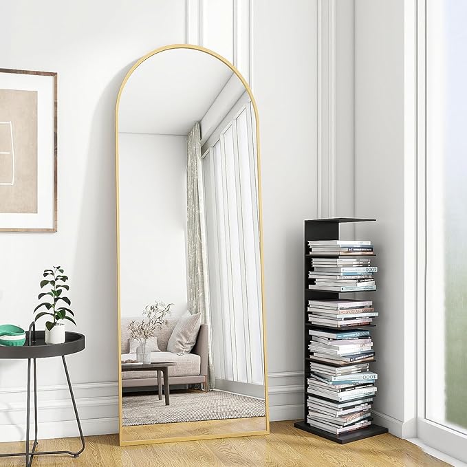 OGCAU Floor Mirror with Aluminum Alloy Frame, Full Length Standing Hanging or Leaning Against Wall, Body Mirror for Floor & Wall in Bedroom, Arched-Top, Wall-Mounted (Gold)
