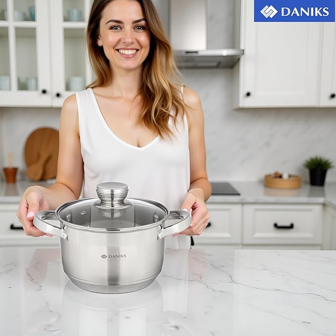 Daniks Standard Stainless Steel Stock Pot with Glass Lid – Induction 3 Quart, Dishwasher Safe, Measuring Scale, For Soup, Pasta, Stew, Silver